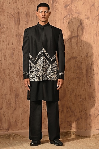 Black Linen Satin Zardosi Embroidered Bandhgala Set by Sulakshna Jasra