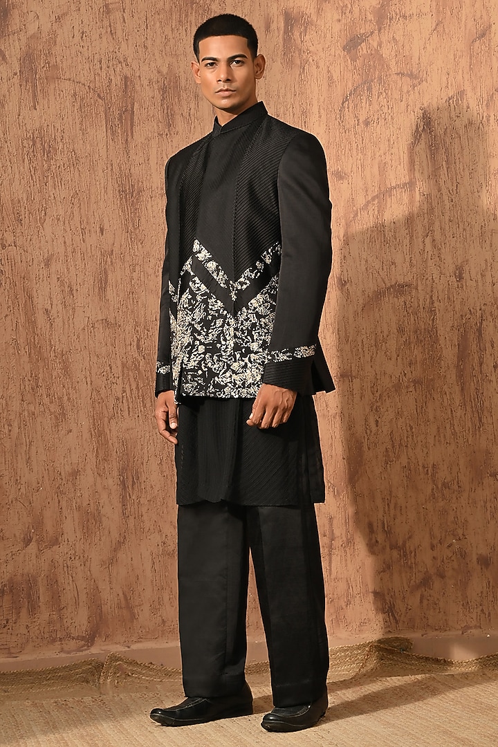 Black Linen Satin Zardosi Embroidered Wedding Bandhgala Set by Sulakshna Jasra at Pernia's Pop Up Shop