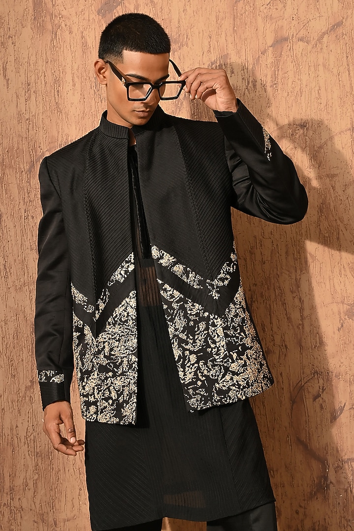 Black Linen Satin Zardosi Embroidered Wedding Bandhgala Set by Sulakshna Jasra at Pernia's Pop Up Shop