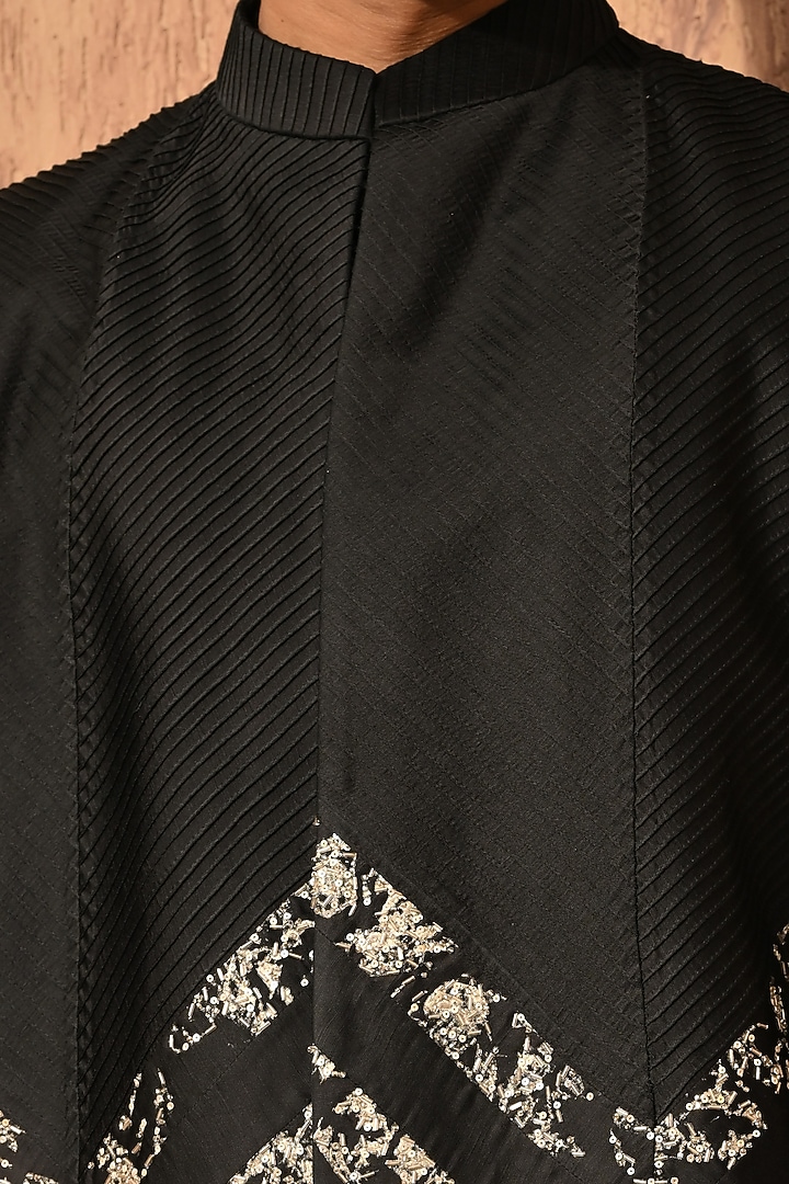 Black Linen Satin Zardosi Embroidered Wedding Bandhgala Set by Sulakshna Jasra at Pernia's Pop Up Shop