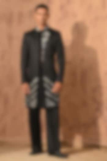 Black Linen Satin Zardosi Embroidered Wedding Indowestern Set by Sulakshna Jasra at Pernia's Pop Up Shop