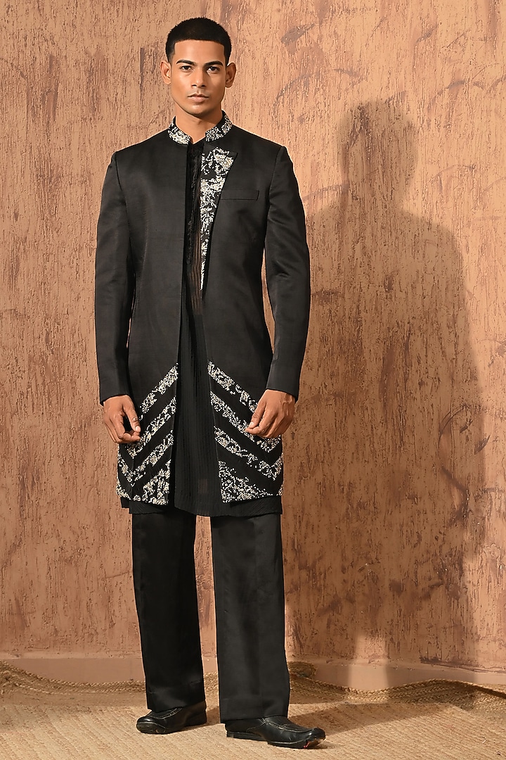 Black Linen Satin Zardosi Embroidered Wedding Indowestern Set by Sulakshna Jasra at Pernia's Pop Up Shop