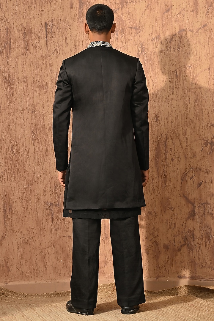 Black Linen Satin Zardosi Embroidered Wedding Indowestern Set by Sulakshna Jasra at Pernia's Pop Up Shop