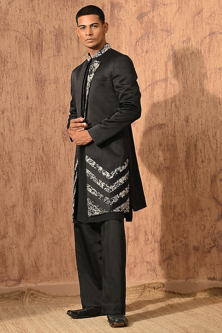 Black Linen Satin Zardosi Embroidered Wedding Indowestern Set by Sulakshna Jasra at Pernia's Pop Up Shop