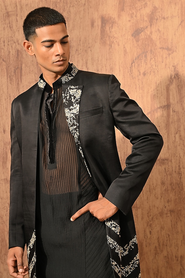 Black Linen Satin Zardosi Embroidered Wedding Indowestern Set by Sulakshna Jasra at Pernia's Pop Up Shop