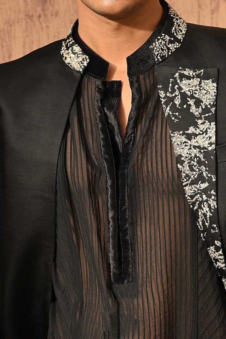Black Linen Satin Zardosi Embroidered Wedding Indowestern Set by Sulakshna Jasra at Pernia's Pop Up Shop