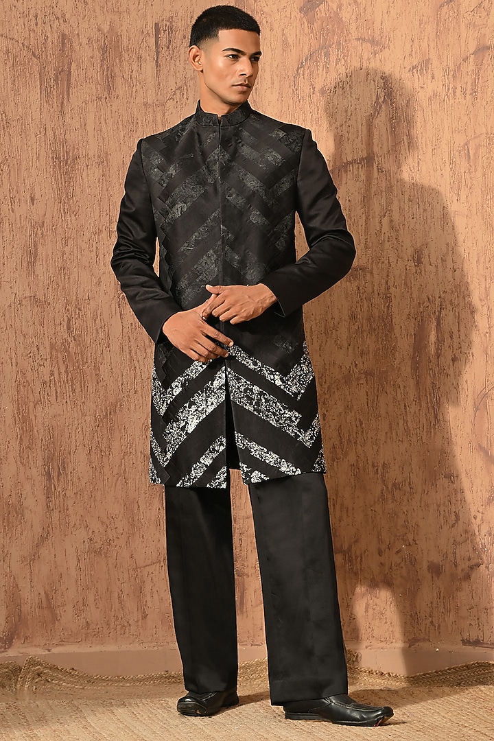 Black Linen Satin Zardosi Embroidered Wedding Indowestern Set by Sulakshna Jasra at Pernia's Pop Up Shop