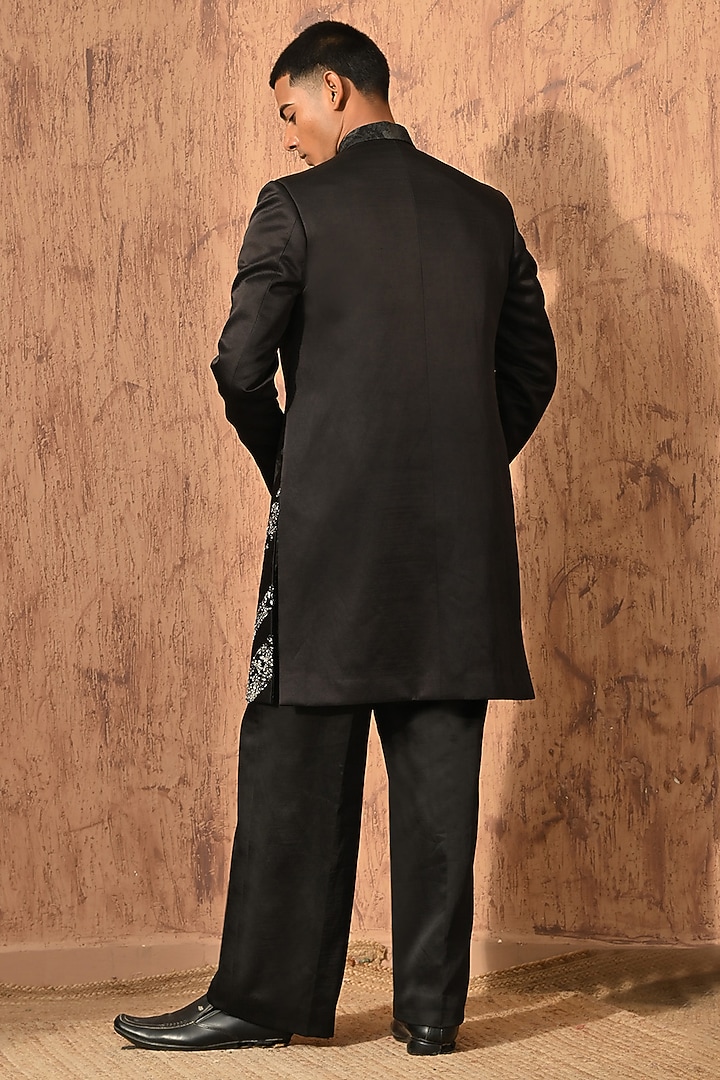 Black Linen Satin Zardosi Embroidered Wedding Indowestern Set by Sulakshna Jasra at Pernia's Pop Up Shop