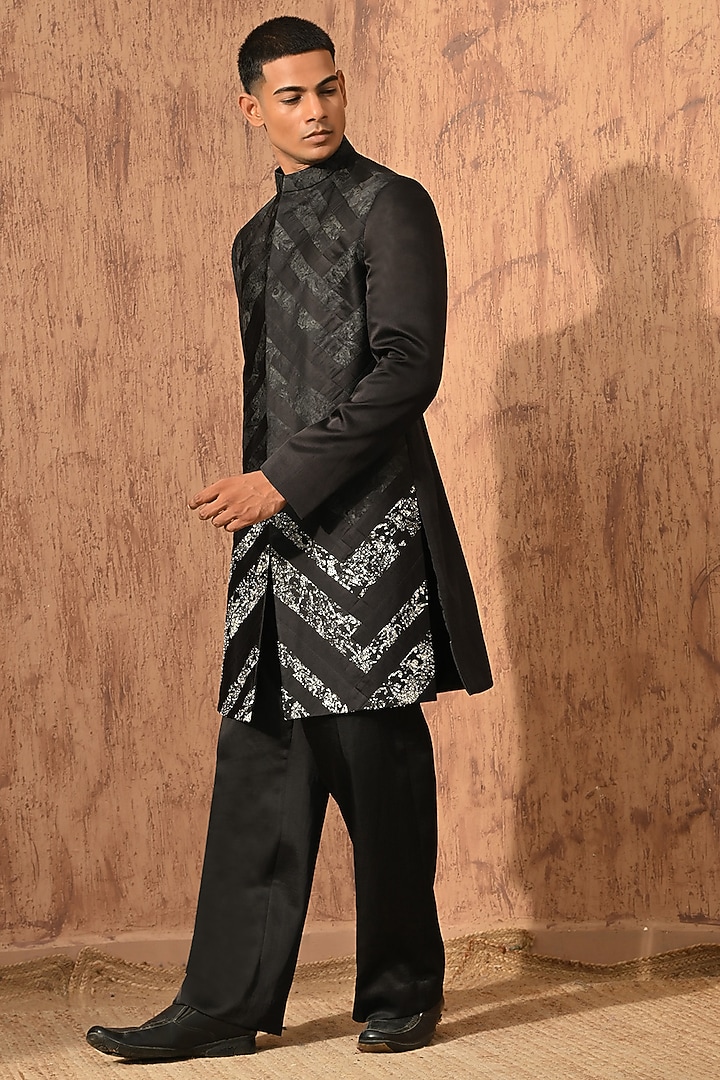 Black Linen Satin Zardosi Embroidered Wedding Indowestern Set by Sulakshna Jasra at Pernia's Pop Up Shop