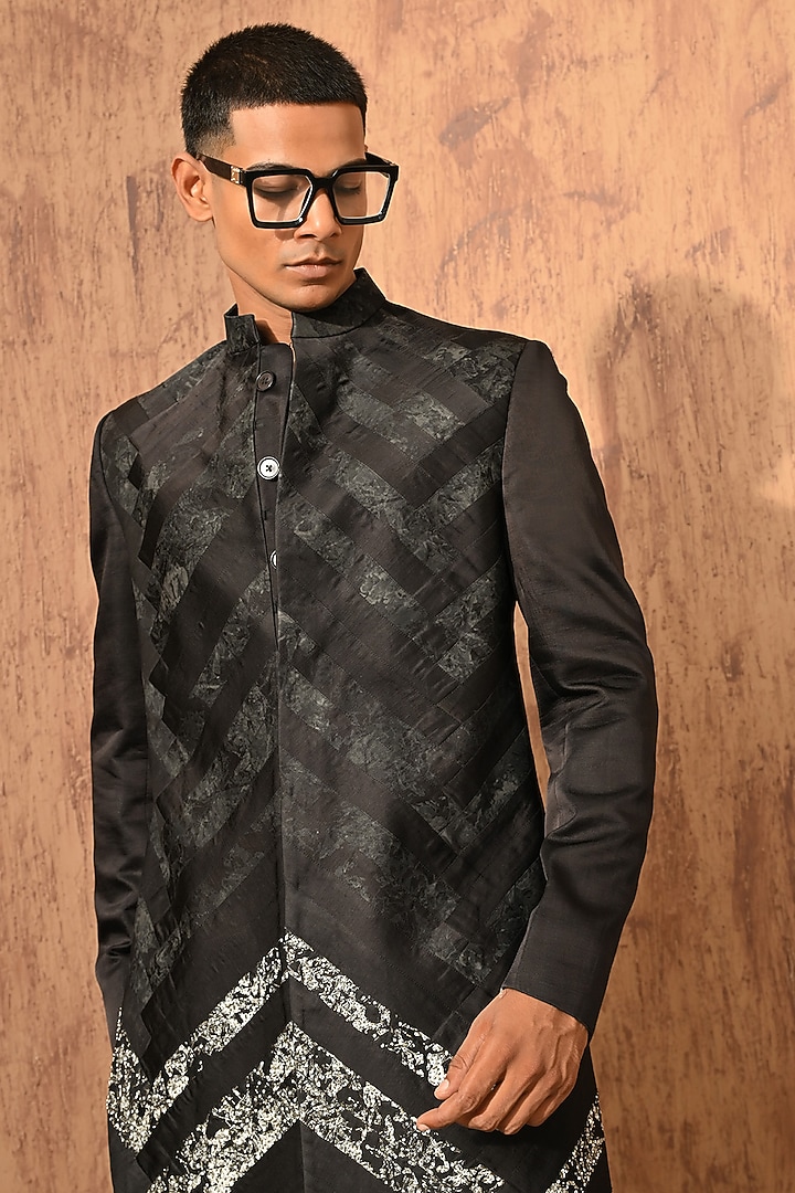 Black Linen Satin Zardosi Embroidered Wedding Indowestern Set by Sulakshna Jasra at Pernia's Pop Up Shop