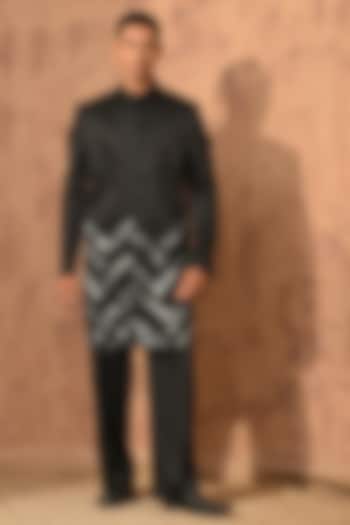 Black Linen Satin Zardosi Embroidered Wedding Indowestern Set by Sulakshna Jasra at Pernia's Pop Up Shop