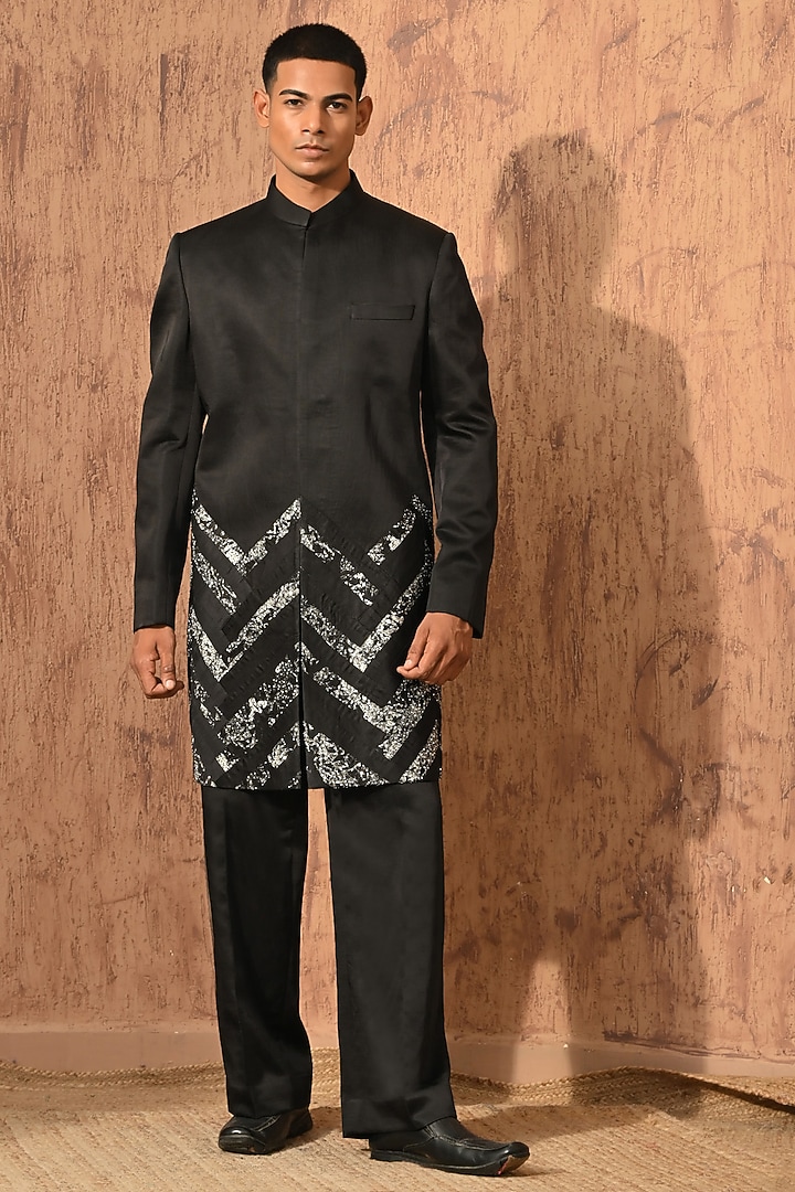 Black Linen Satin Zardosi Embroidered Wedding Indowestern Set by Sulakshna Jasra at Pernia's Pop Up Shop