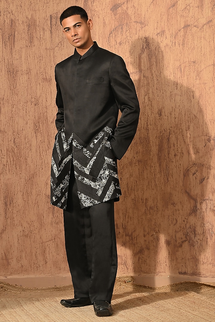 Black Linen Satin Zardosi Embroidered Wedding Indowestern Set by Sulakshna Jasra at Pernia's Pop Up Shop