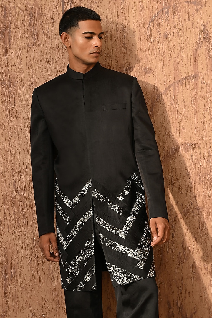 Black Linen Satin Zardosi Embroidered Wedding Indowestern Set by Sulakshna Jasra at Pernia's Pop Up Shop