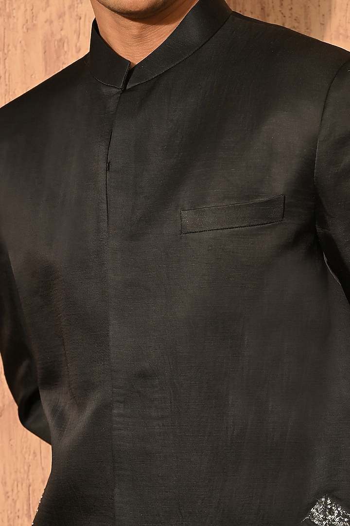 Black Linen Satin Zardosi Embroidered Wedding Indowestern Set by Sulakshna Jasra at Pernia's Pop Up Shop