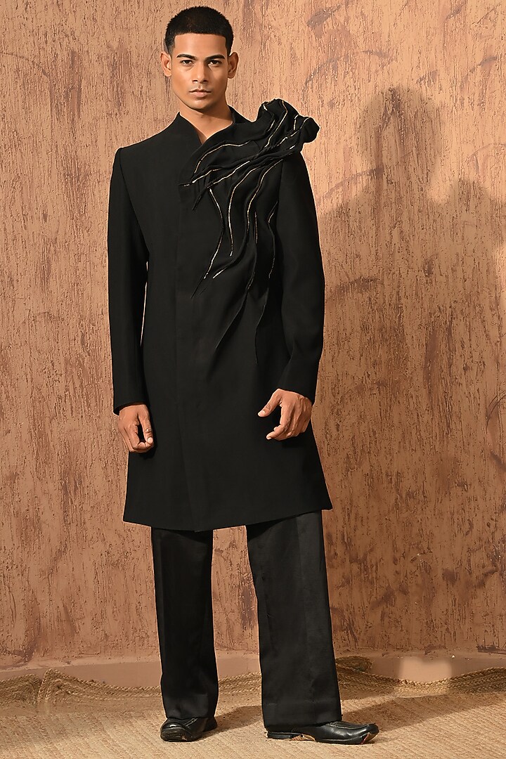 Black Japanese Fabric Zardosi Embroidered Wedding Indowestern Set by Sulakshna Jasra at Pernia's Pop Up Shop