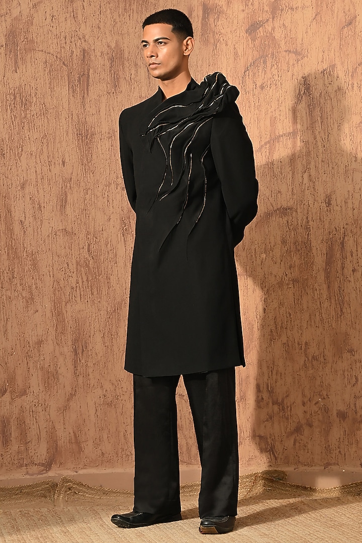 Black Japanese Fabric Zardosi Embroidered Wedding Indowestern Set by Sulakshna Jasra at Pernia's Pop Up Shop