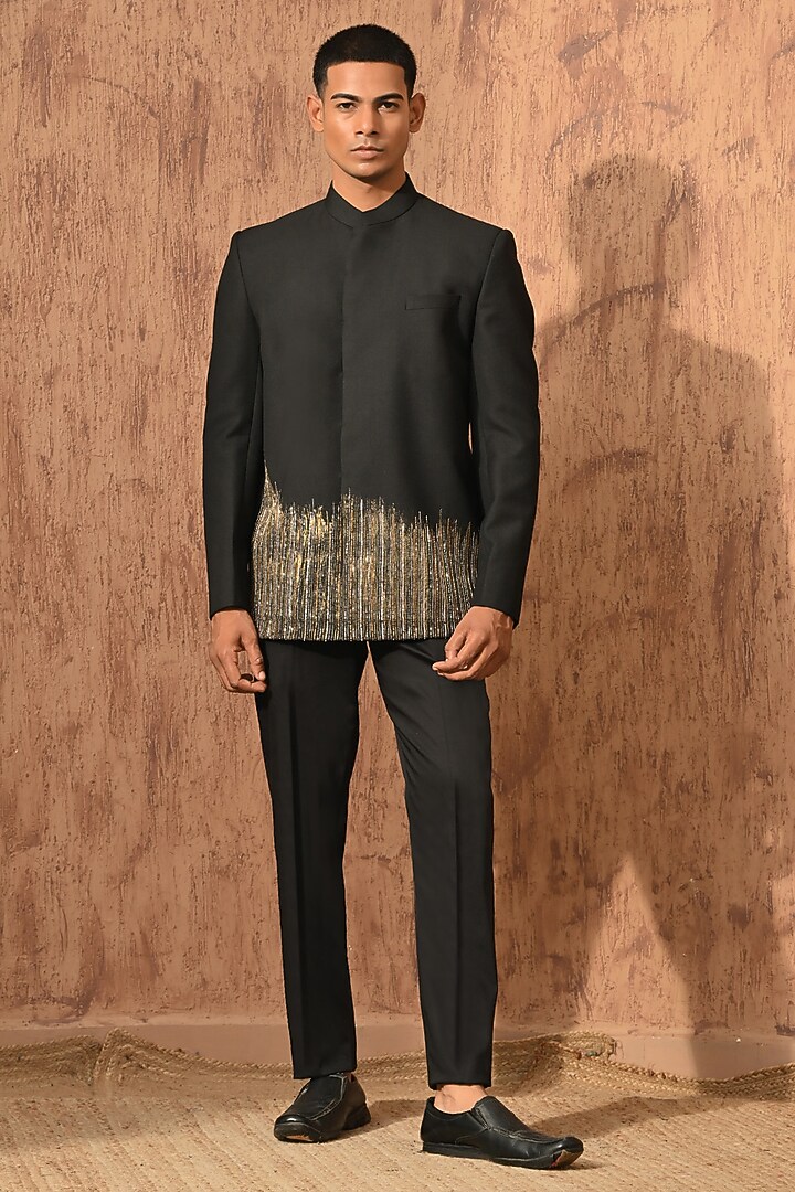 Black Poly Viscose Zardosi Embroidered Wedding Bandhgala Set by Sulakshna Jasra at Pernia's Pop Up Shop