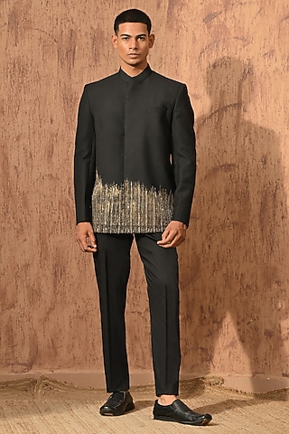 Black Poly Viscose Zardosi Embroidered Bandhgala Set by Sulakshna Jasra