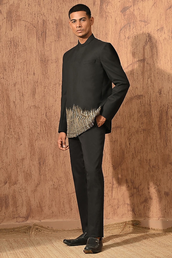 Black Poly Viscose Zardosi Embroidered Wedding Bandhgala Set by Sulakshna Jasra at Pernia's Pop Up Shop