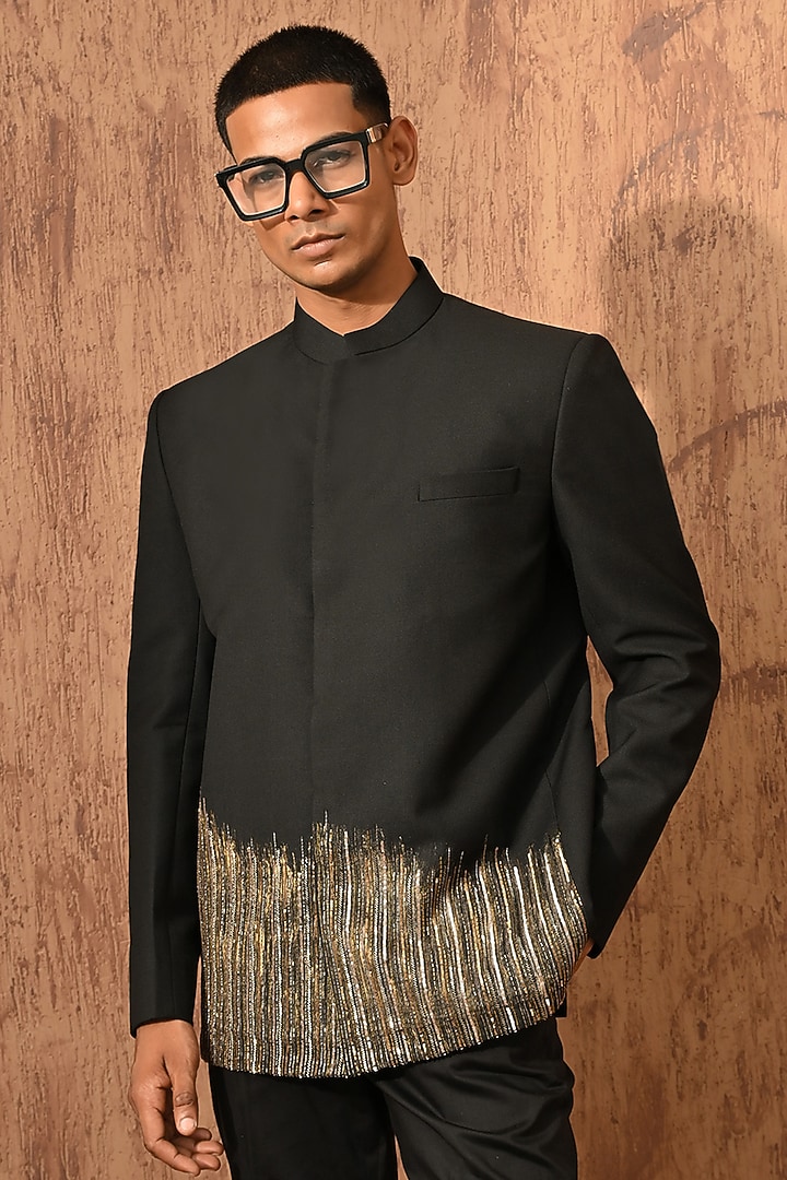 Black Poly Viscose Zardosi Embroidered Wedding Bandhgala Set by Sulakshna Jasra at Pernia's Pop Up Shop