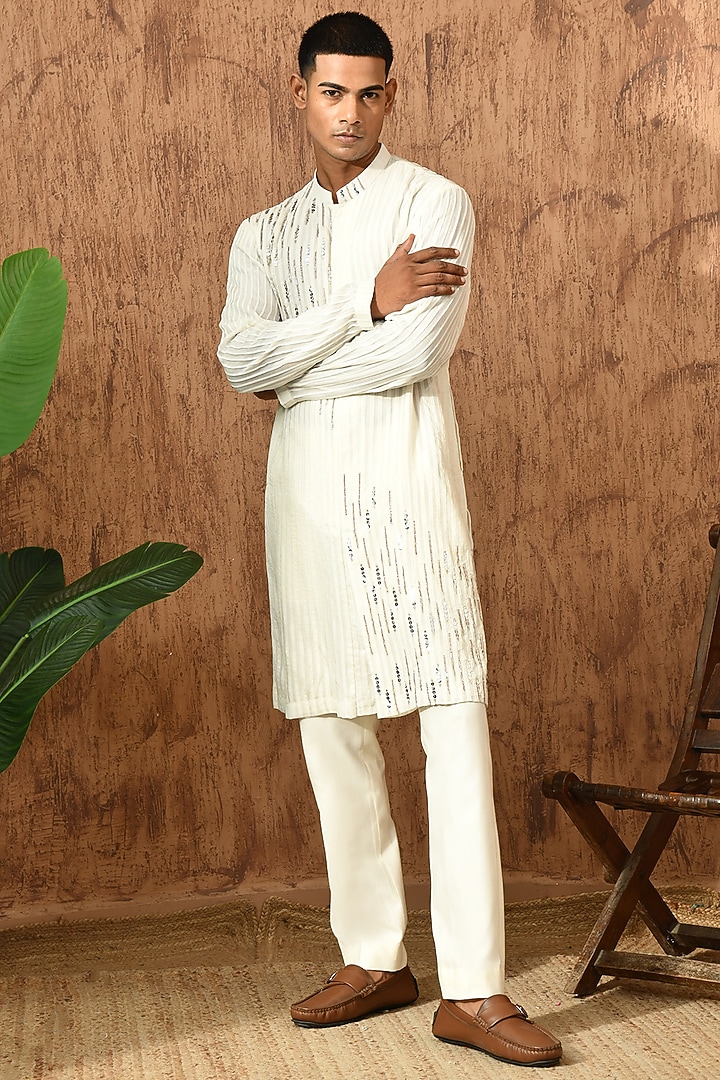 Ivory Organza Sequins Embroidered Kurta Set by Sulakshna Jasra at Pernia's Pop Up Shop