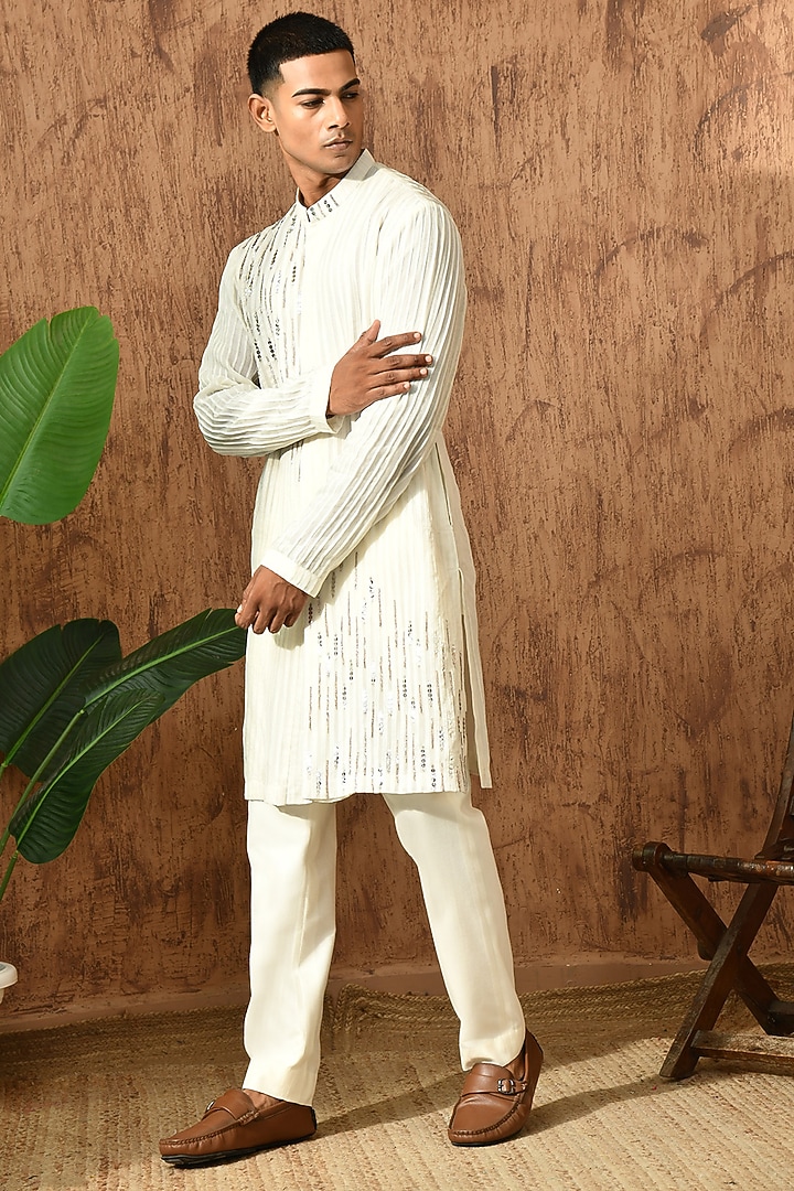 Ivory Organza Sequins Embroidered Kurta Set by Sulakshna Jasra at Pernia's Pop Up Shop