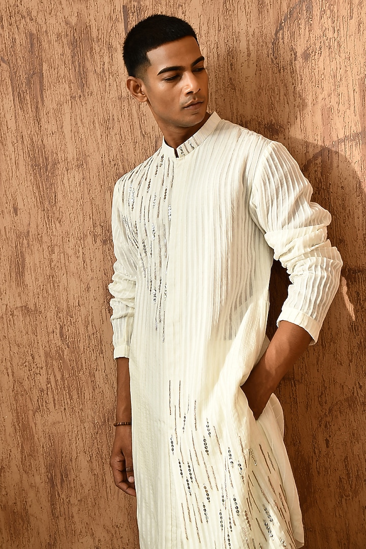 Ivory Organza Sequins Embroidered Kurta Set by Sulakshna Jasra at Pernia's Pop Up Shop