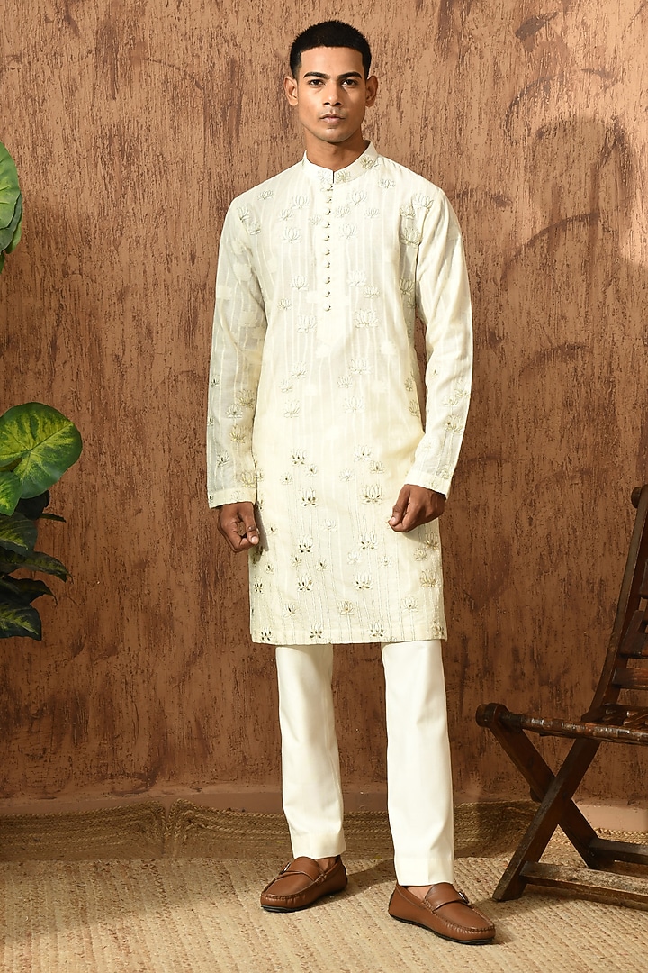 Ivory Cotton Jacquard Zari Work Kurta Set by Sulakshna Jasra at Pernia's Pop Up Shop
