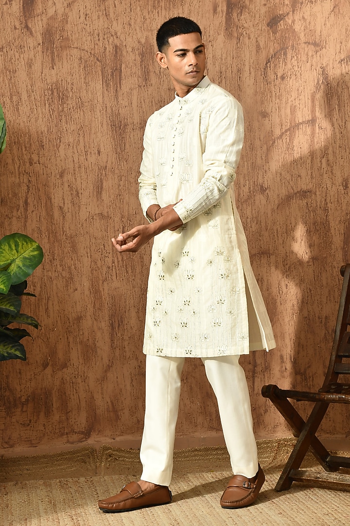Ivory Cotton Jacquard Zari Work Kurta Set by Sulakshna Jasra at Pernia's Pop Up Shop