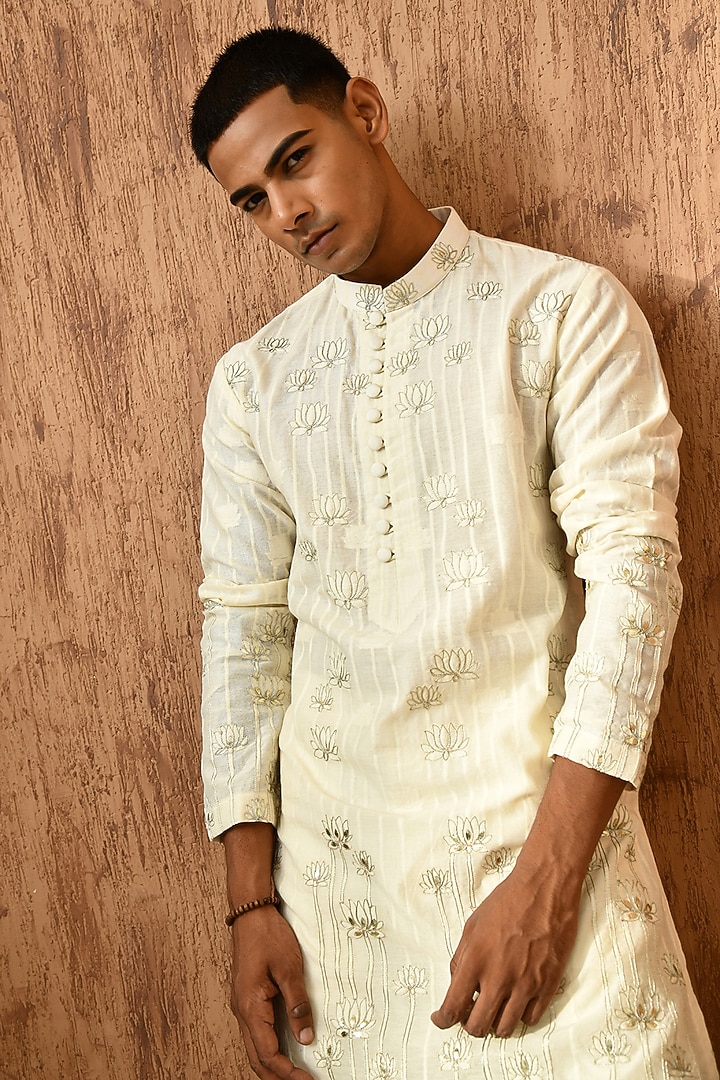 Ivory Cotton Jacquard Zari Work Kurta Set by Sulakshna Jasra at Pernia's Pop Up Shop