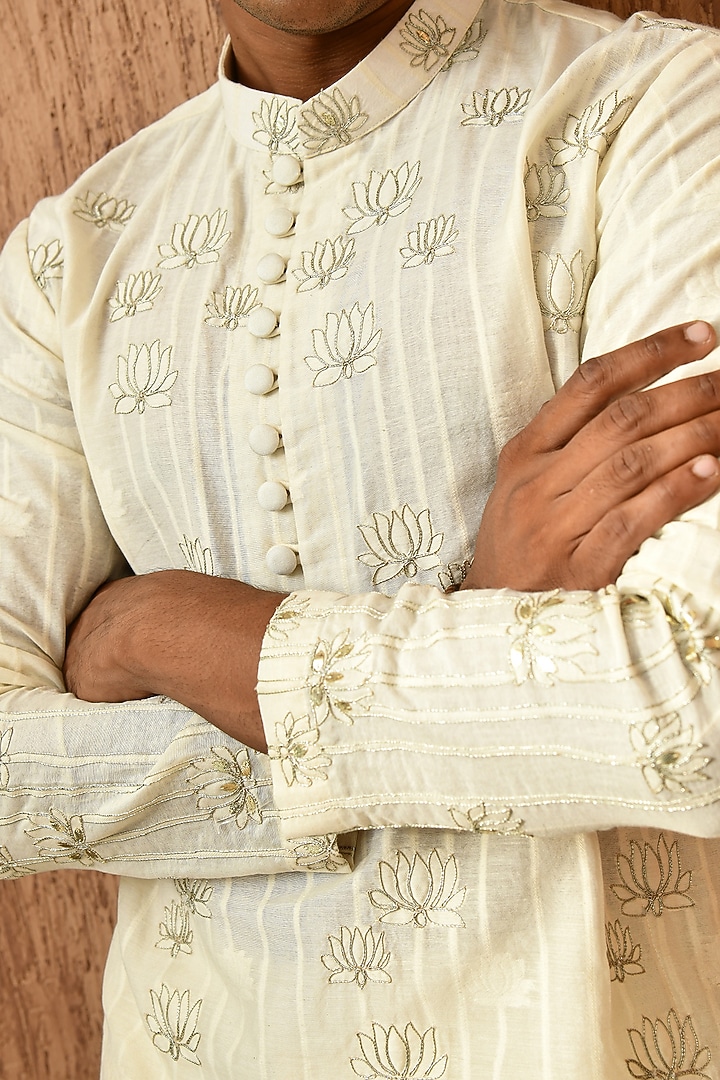Ivory Cotton Jacquard Zari Work Kurta Set by Sulakshna Jasra at Pernia's Pop Up Shop