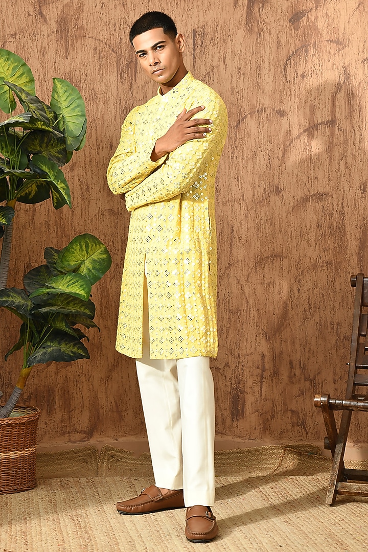 Yellow Georgette Sequins Work Kurta Set by Sulakshna Jasra at Pernia's Pop Up Shop