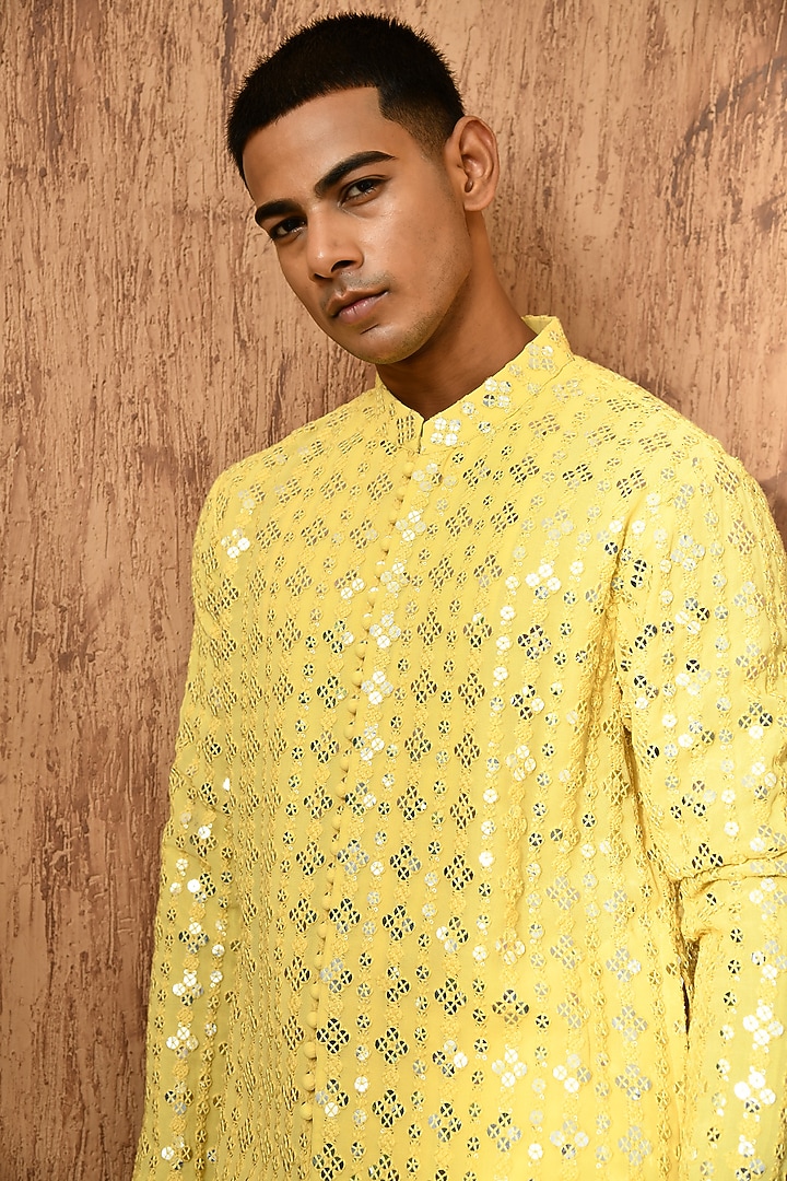Yellow Georgette Sequins Work Kurta Set by Sulakshna Jasra at Pernia's Pop Up Shop