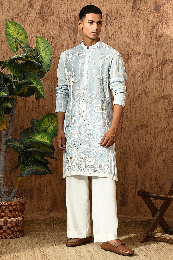 Blue Organza Threadwork Kurta Set by Sulakshna Jasra at Pernia's Pop Up Shop