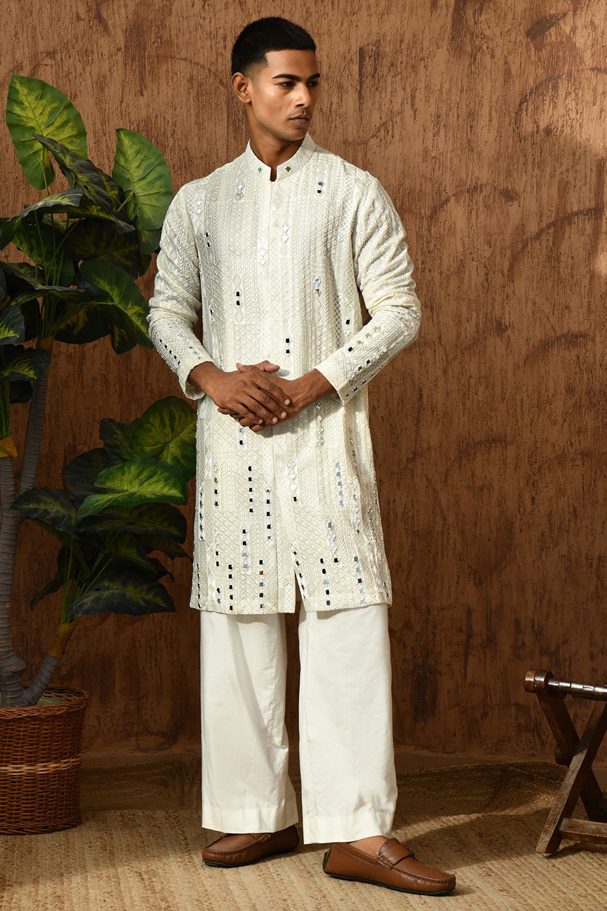 Sulakshna Jasra Ivory Georgette Mirror Work Kurta Set