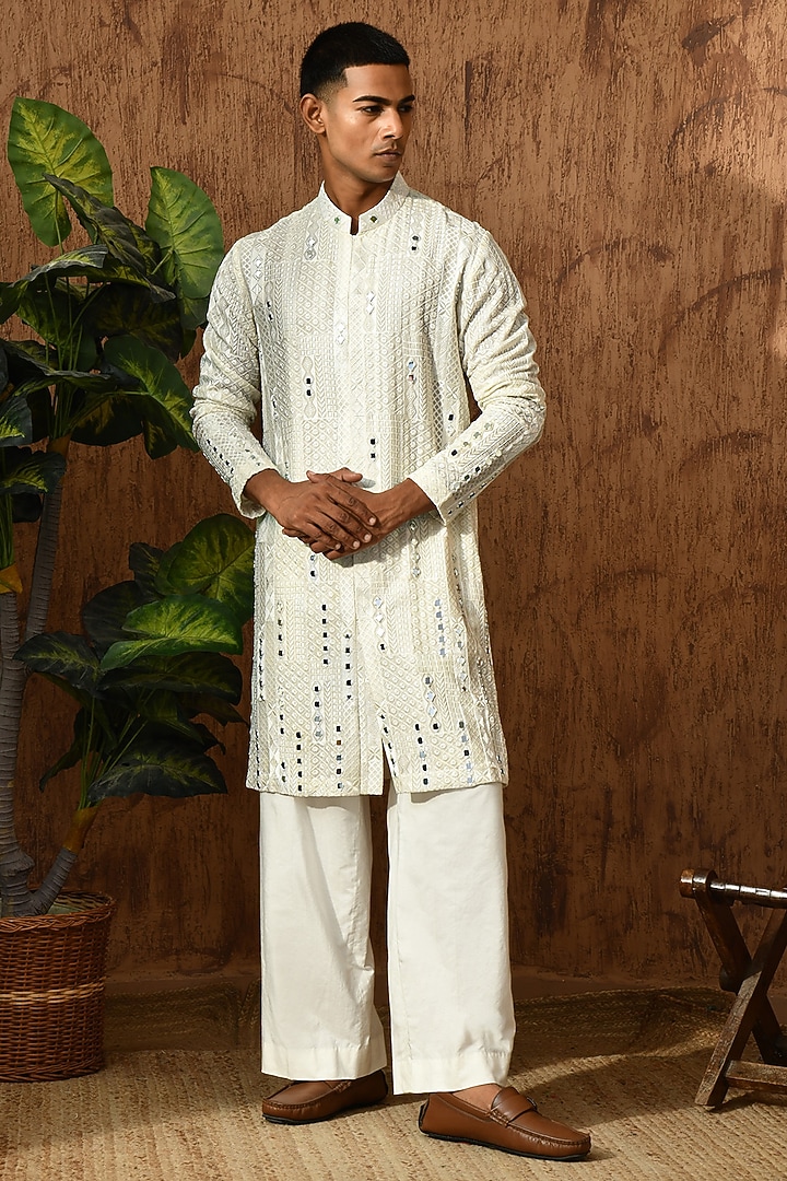 Ivory Georgette Mirror Work Kurta Set by Sulakshna Jasra at Pernia's Pop Up Shop