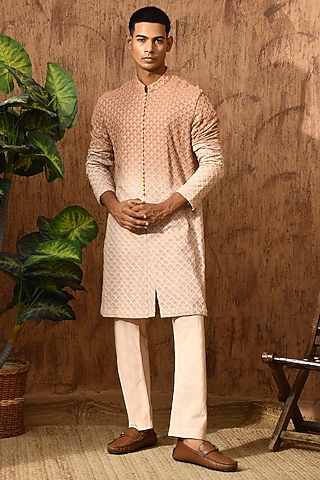 Rose Gold Georgette Threadwork Kurta Set by Sulakshna Jasra