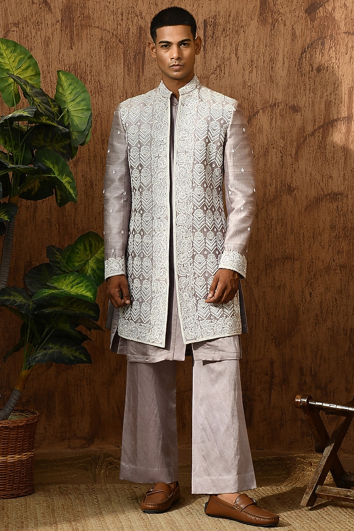 Lavender Linen Satin Zardosi Embroidered Wedding Indowestern Set by Sulakshna Jasra at Pernia's Pop Up Shop