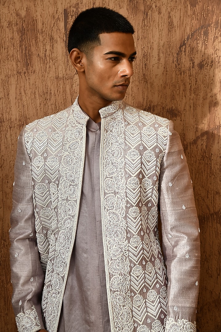 Lavender Linen Satin Zardosi Embroidered Wedding Indowestern Set by Sulakshna Jasra at Pernia's Pop Up Shop