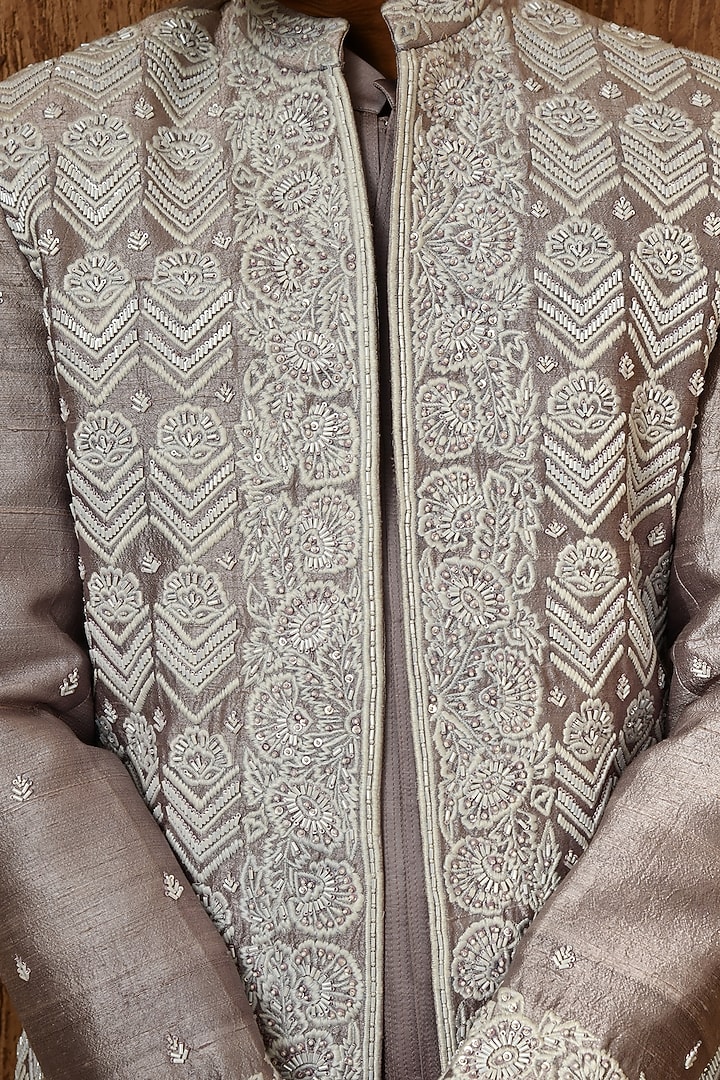 Lavender Linen Satin Zardosi Embroidered Wedding Indowestern Set by Sulakshna Jasra at Pernia's Pop Up Shop