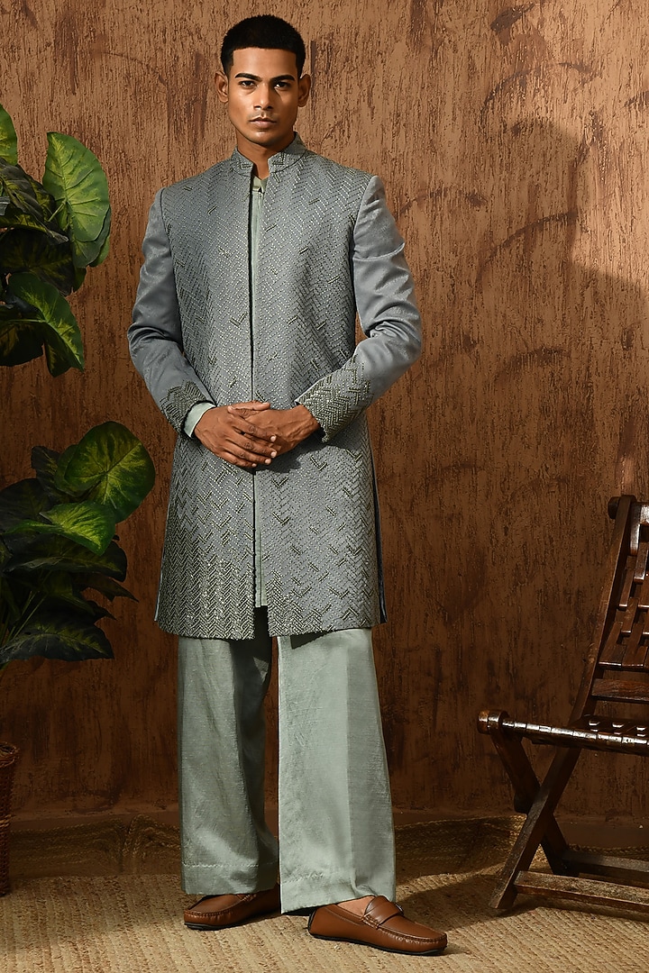 Green Metallic Fabric Zardosi Embroidered Wedding Indowestern Set by Sulakshna Jasra at Pernia's Pop Up Shop