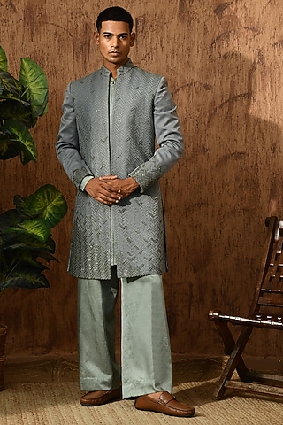 Green Metallic Fabric Zardosi Embroidered Indowestern Set by Sulakshna Jasra