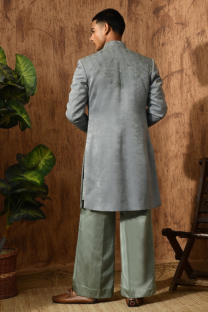 Green Metallic Fabric Zardosi Embroidered Wedding Indowestern Set by Sulakshna Jasra at Pernia's Pop Up Shop
