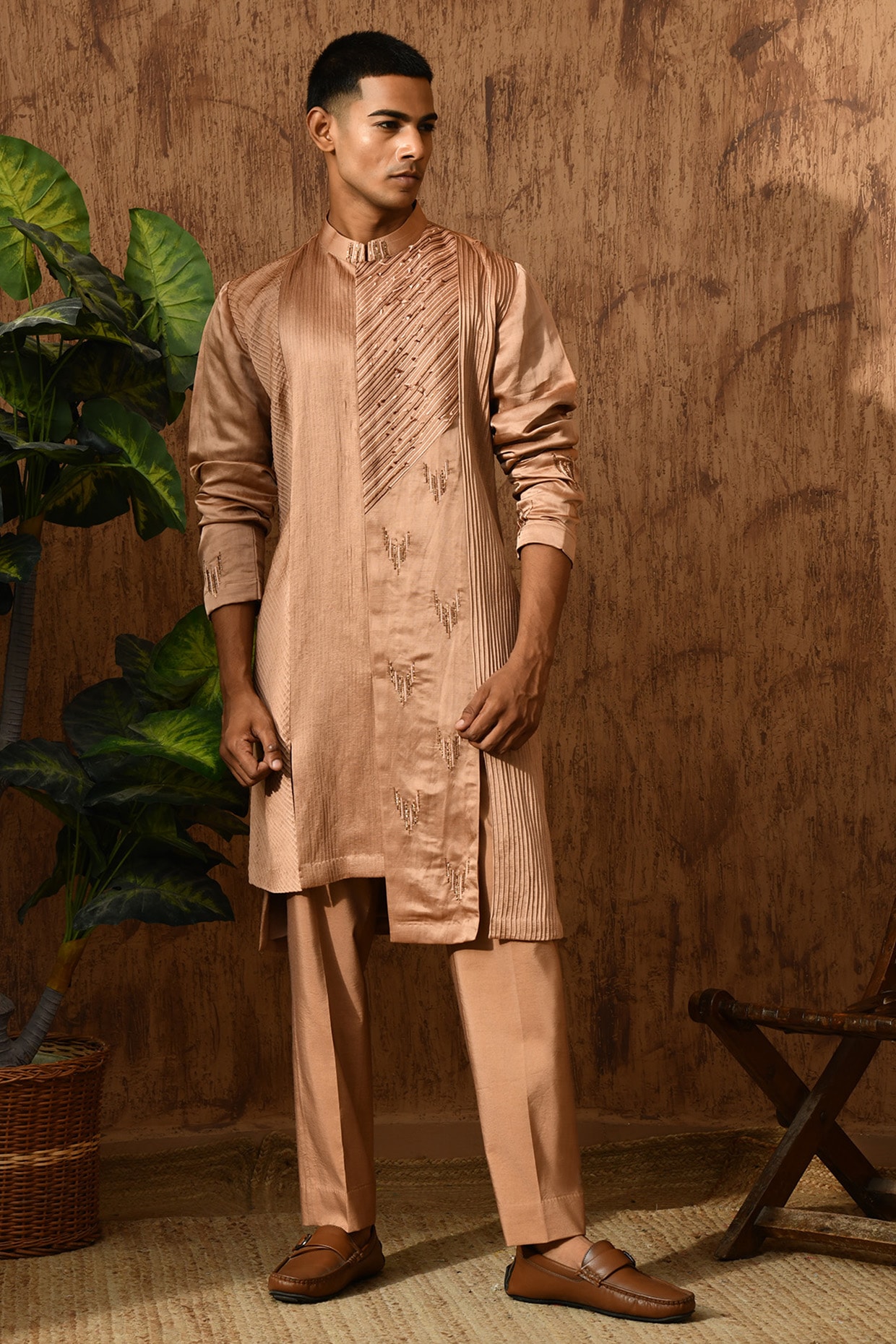 Sulakshna Jasra Rose Gold Linen Satin Pitta Work Kurta Set