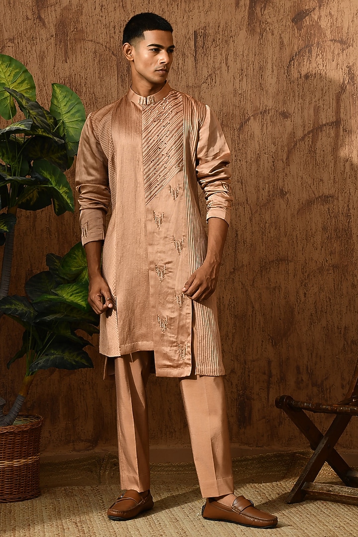 Rose Gold Linen Satin Pitta Work Kurta Set by Sulakshna Jasra at Pernia's Pop Up Shop
