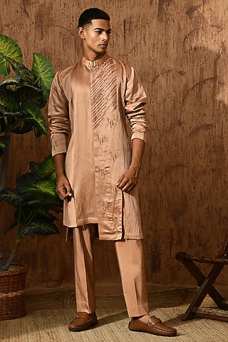 Rose Gold Linen Satin Pitta Work Kurta Set by Sulakshna Jasra
