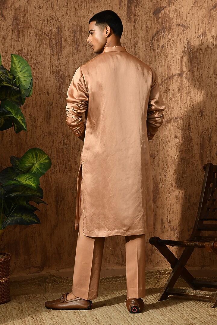 Rose Gold Linen Satin Pitta Work Kurta Set by Sulakshna Jasra at Pernia's Pop Up Shop