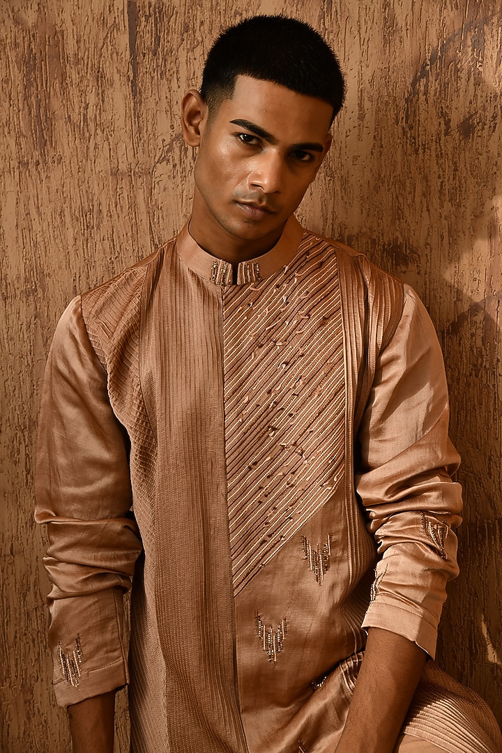 Rose Gold Linen Satin Pitta Work Kurta Set by Sulakshna Jasra at Pernia's Pop Up Shop