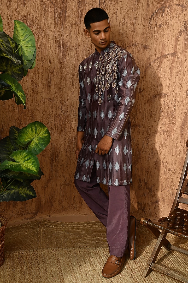 Wine Chanderi 3D Embroidered Kurta Set by Sulakshna Jasra at Pernia's Pop Up Shop